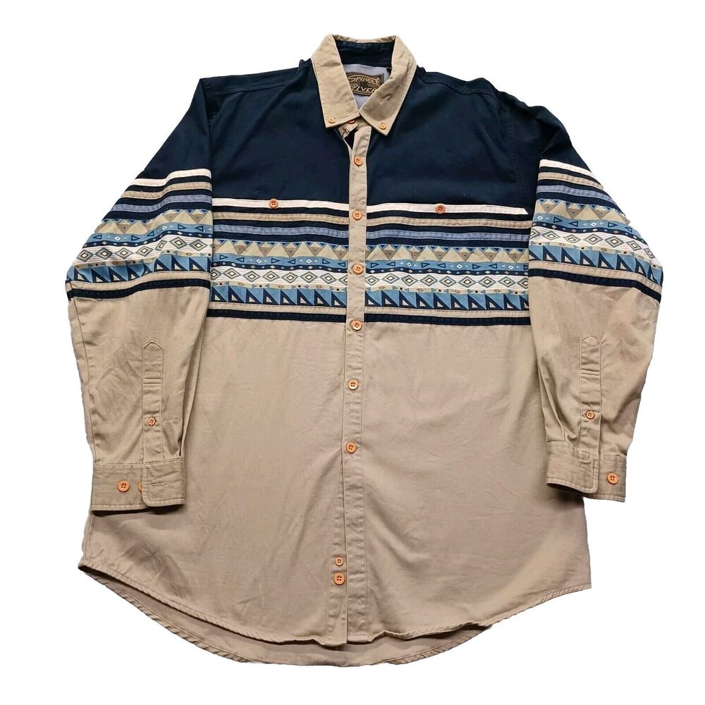 Vtg Spindle River Shirt Mens Lg Southwestern Two-tone Long Sleeve